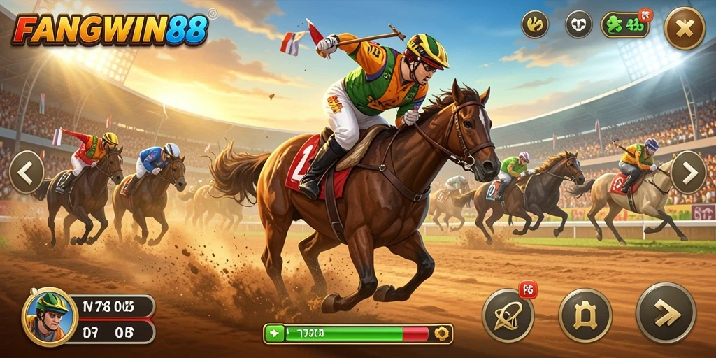Screenshot gameplay FANGWIN88 menampilkan balapan seru di lintasan yang menantang.