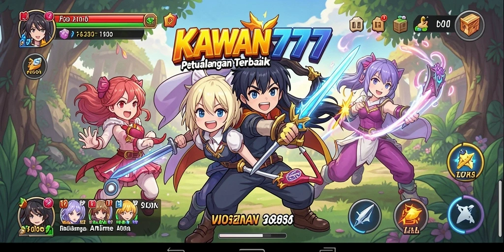 Tampilan gameplay KAWAN777 menampilkan karakter anime yang beraksi di dunia fantastis.