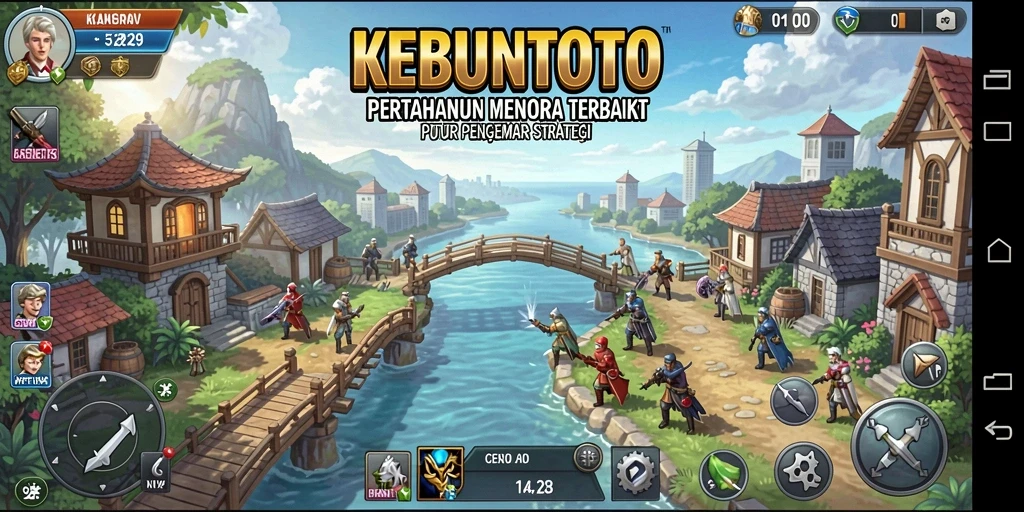 Tangkapan layar gameplay KEBUNTOTO menampilkan aksi pertahanan menara yang intens.