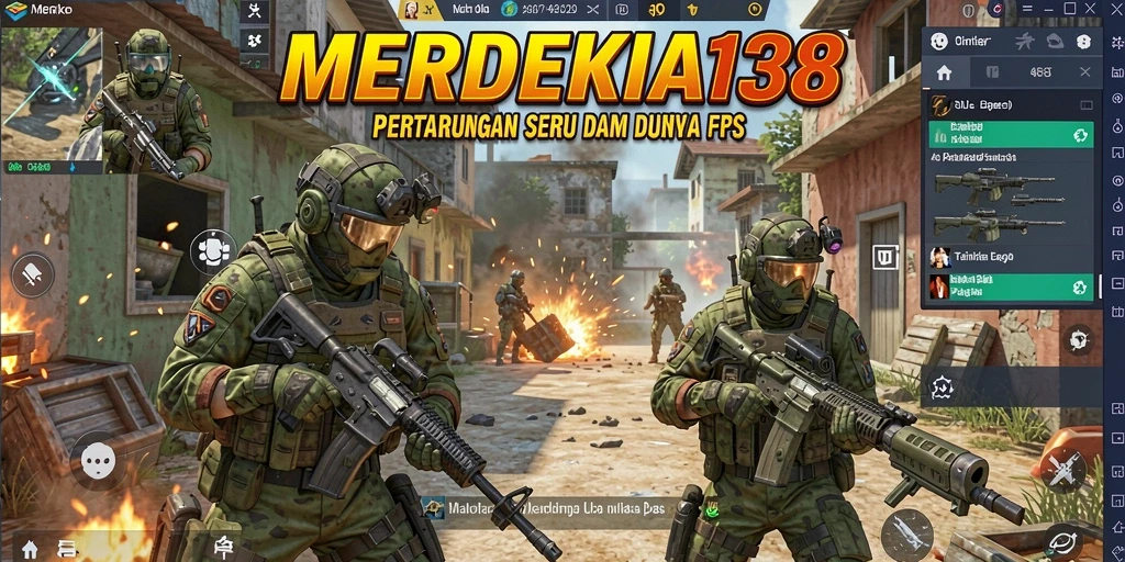 Screenshot gameplay dinamis dari MERDEKA138, menunjukkan aksi tembak-menembak yang seru.
