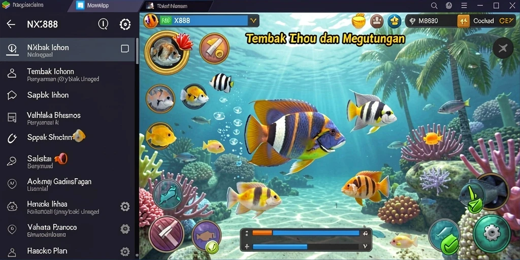 Screenshot gameplay NX888 menampilkan aksi seru menembak ikan di bawah laut.