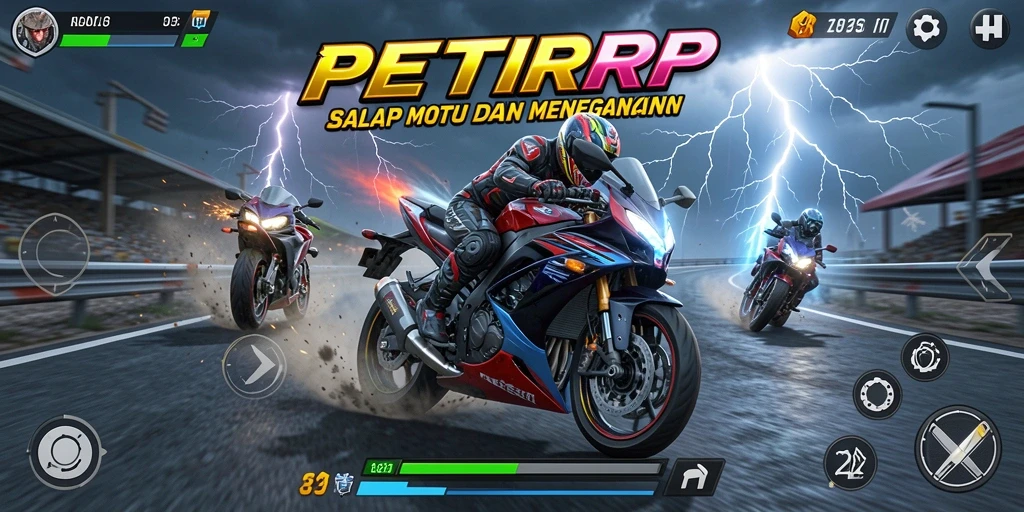 Tampilan gameplay seru dalam PETIRRP dengan balapan motor yang menegangkan.