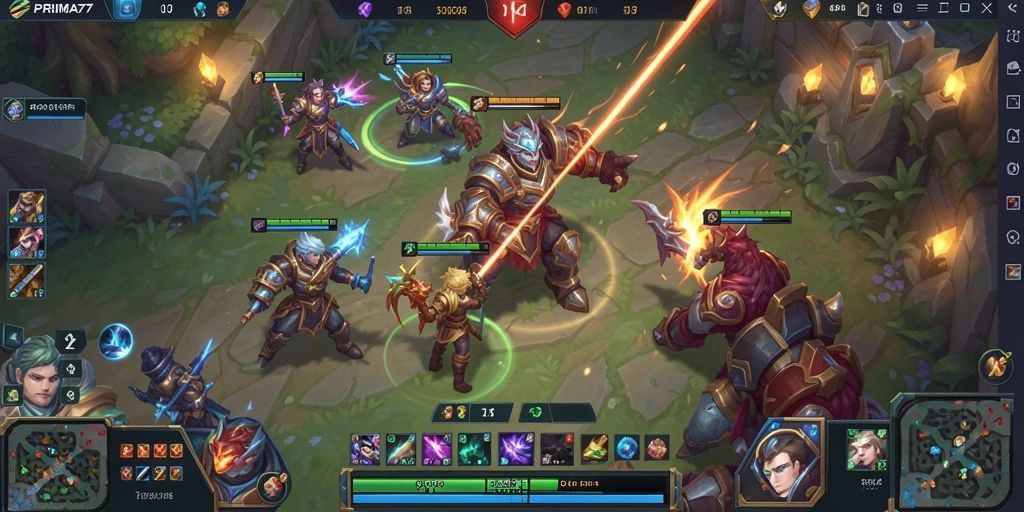 Screenshot utama PRIMA77 yang menampilkan pertarungan epik di arena MOBA.