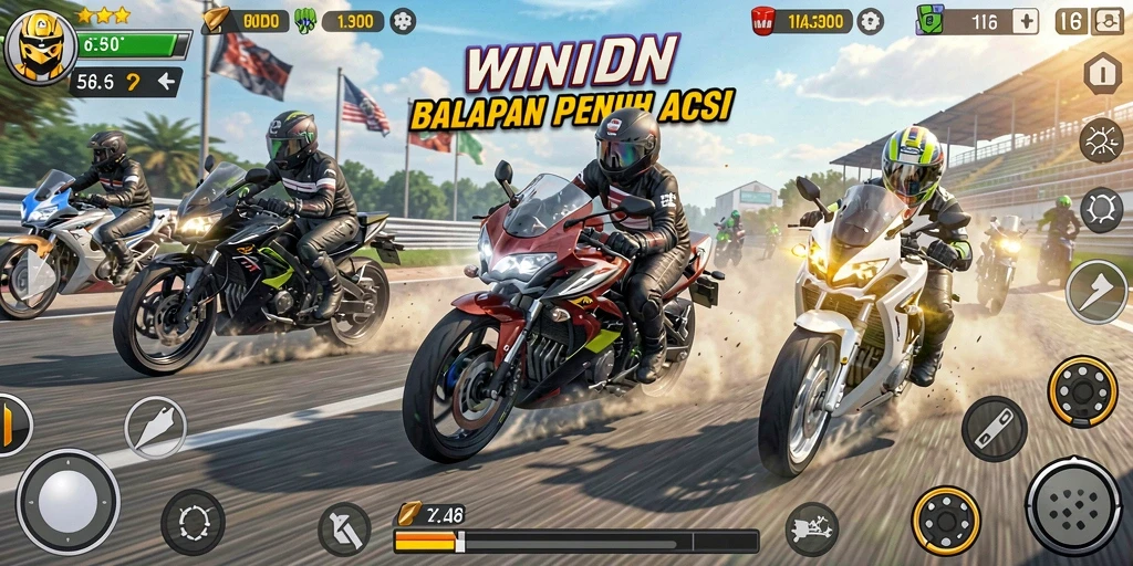 Screenshot gameplay <strong>WINIDN</strong> menampilkan aksi balapan motor yang menarik.